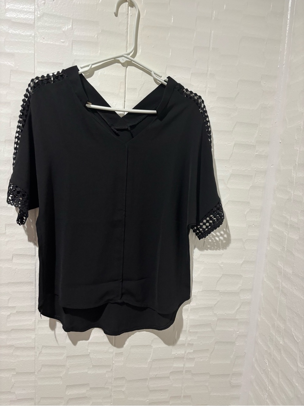 Indian Summer Black Crochet-Trim Short Sleeve Blouse